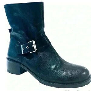 COMBAT BOOTS  LORD & TAYLOR BLACK LEATHER ROUND TOE ANKLE BOOTIES BLOCK HEELS 39